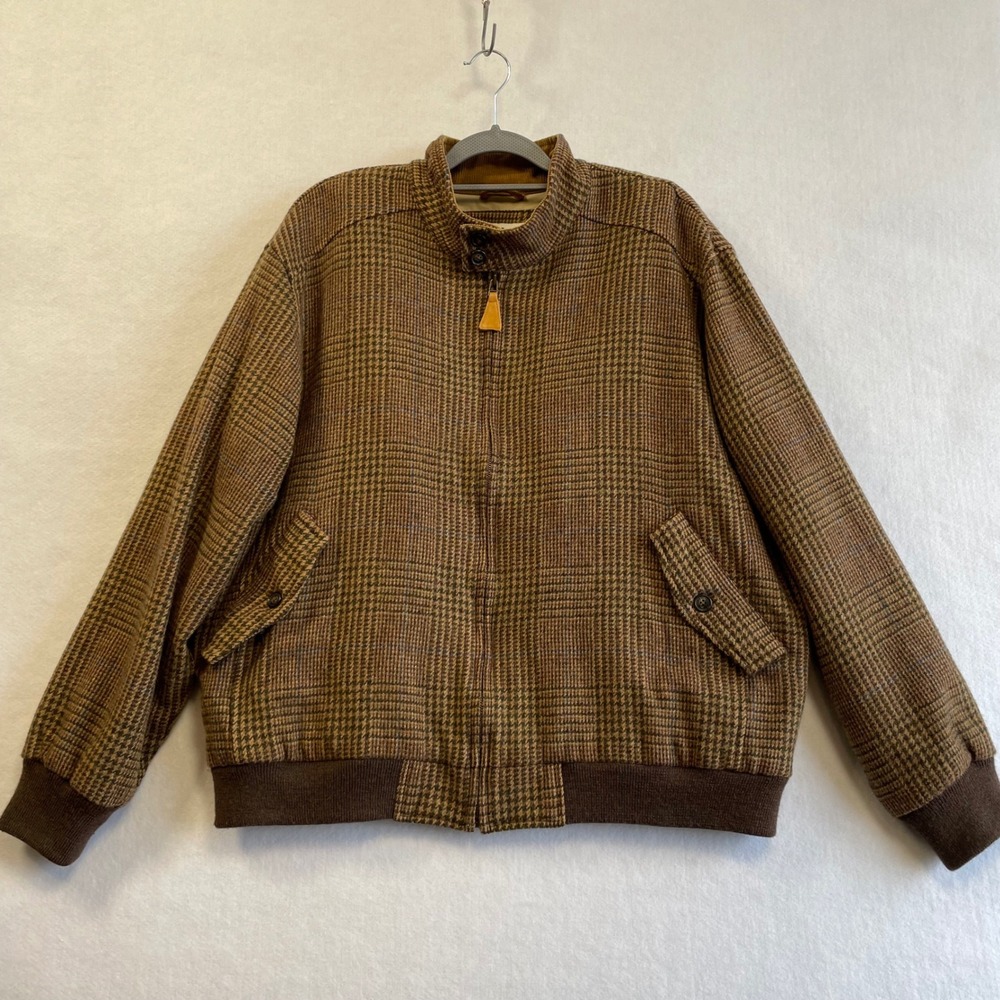 Vintage Orvis Men's XL 100% Wool‎ Harrington Bomber Jacket Brown Houndstooth